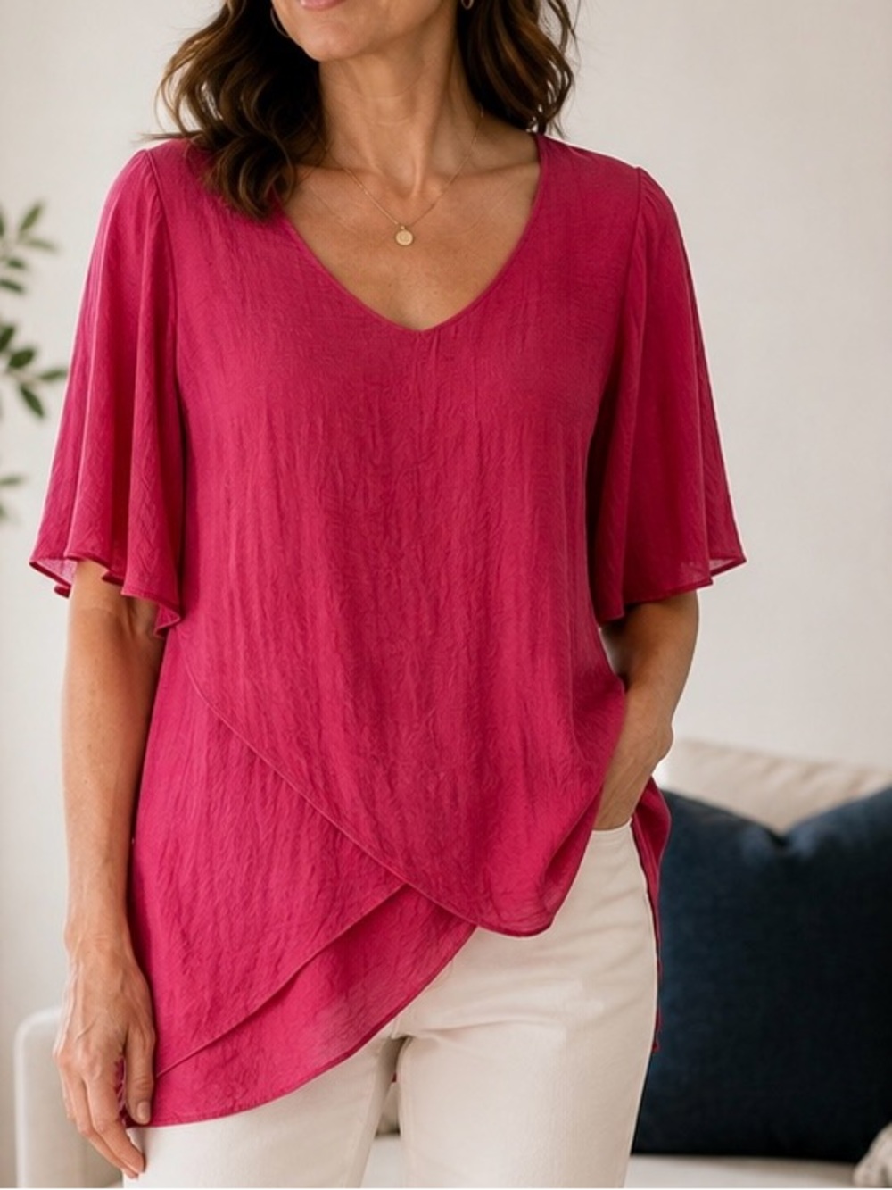 Cut Loose M Magenta Pink Rayon Flutter Sleeve Asymmetrical Hem Tunic Blouse